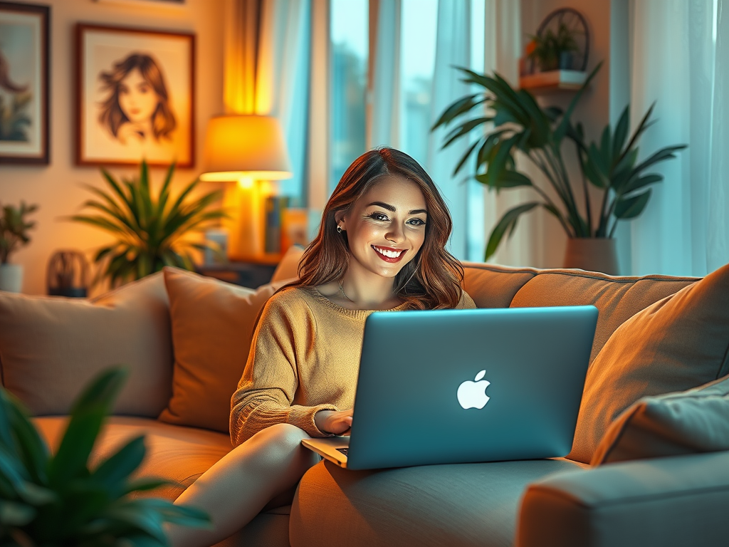 happy women working from her cozy sofa and selling beauty